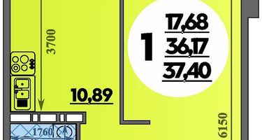 1-к. квартира, 37&nbsp;м²