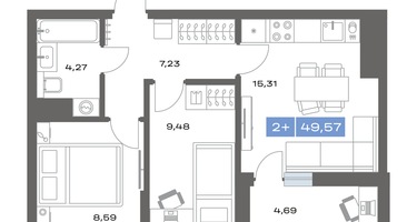 2-к. квартира, 52&nbsp;м²
