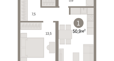 1-к. квартира, 50&nbsp;м²