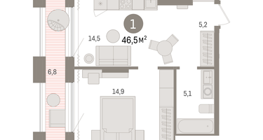 1-к. квартира, 45 м²