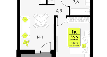 1-к. квартира, 36 м²