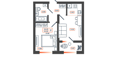 2-к. квартира, 37&nbsp;м²