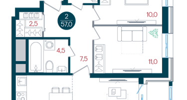 2-к. квартира, 57 м²