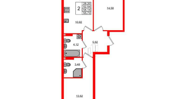2-к. квартира, 54&nbsp;м²