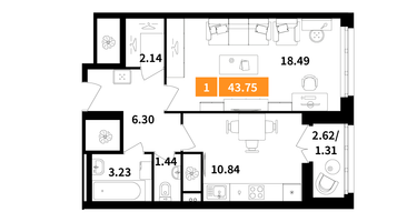1-к. квартира, 43 м²