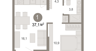 1-к. квартира, 37&nbsp;м²
