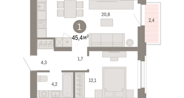 1-к. квартира, 45 м²