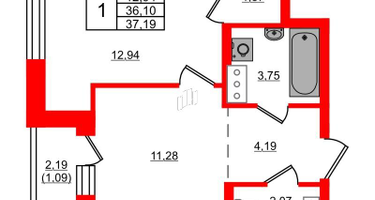1-к. квартира, 37&nbsp;м²
