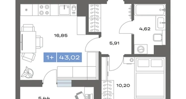 1-к. квартира, 43&nbsp;м²
