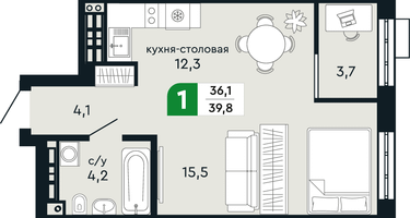 1-к. квартира, 39&nbsp;м²