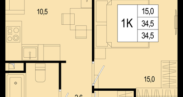 1-к. квартира, 34&nbsp;м²