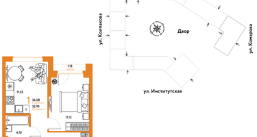1-к. квартира, 34 м²