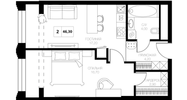 2-к. квартира, 46 м²