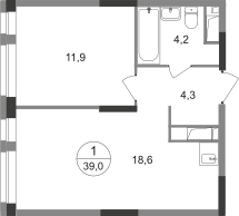 1-к. квартира, 39 м²