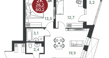 2-к. квартира, 60 м²