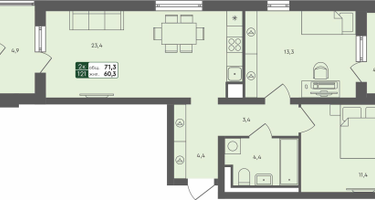 2-к. квартира, 71 м²
