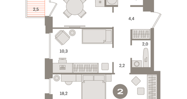 2-к. квартира, 54&nbsp;м²