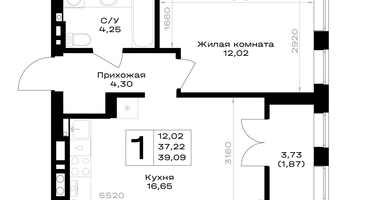 1-к. квартира, 39&nbsp;м²
