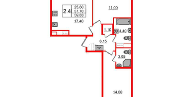 2-к. квартира, 57 м²