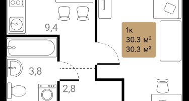 1-к. квартира, 30&nbsp;м²
