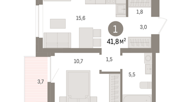 1-к. квартира, 41 м²