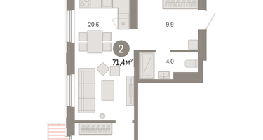 2-к. квартира, 71 м²