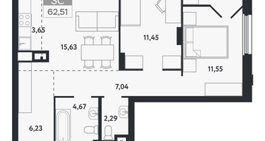 3-к. квартира, 62&nbsp;м²