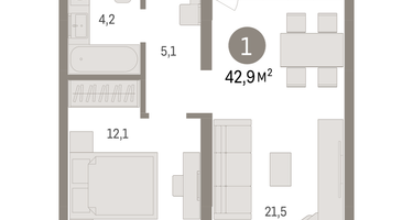 1-к. квартира, 42 м²