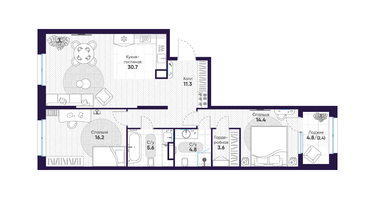 2-к. квартира, 89&nbsp;м²