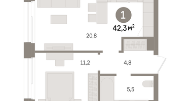 1-к. квартира, 42&nbsp;м²