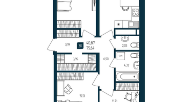 3-к. квартира, 75&nbsp;м²