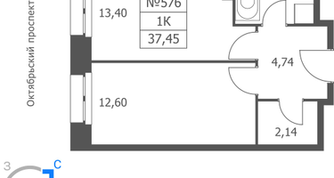 1-к. квартира, 37&nbsp;м²