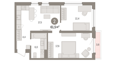 2-к. квартира, 61&nbsp;м²