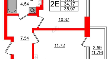 1-к. квартира, 35&nbsp;м²