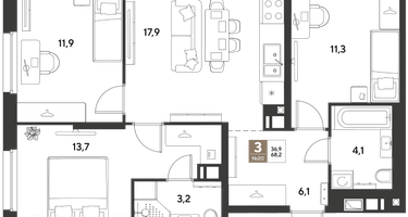 3-к. квартира, 68 м²