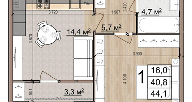1-к. квартира, 44&nbsp;м²