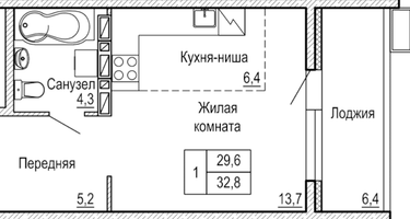 1-к. квартира, 33&nbsp;м²
