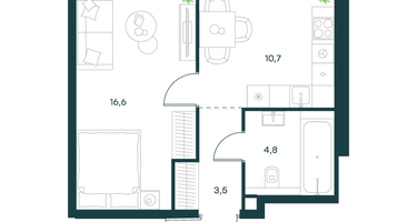 1-к. квартира, 35 м²