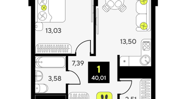1-к. квартира, 40&nbsp;м²