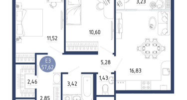 2-к. квартира, 57&nbsp;м²