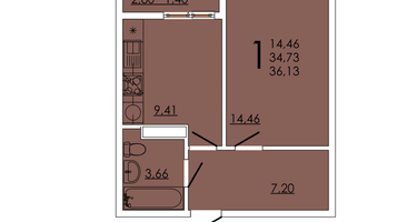 1-комнатная квартира, 36&nbsp;м²