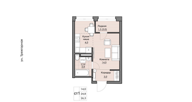 1-к. квартира, 26&nbsp;м²