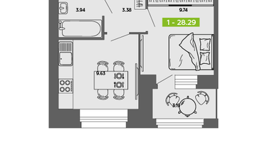 1-к. квартира, 28&nbsp;м²