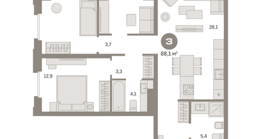 3-к. квартира, 88 м²