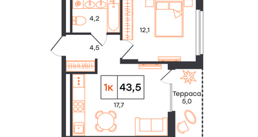 1-к. квартира, 43 м²