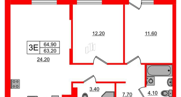 3-к. квартира, 64&nbsp;м²