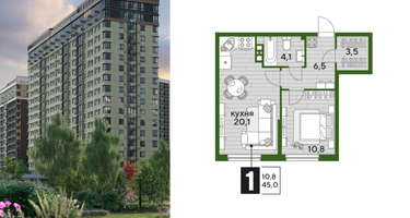 1-к. квартира, 44&nbsp;м²