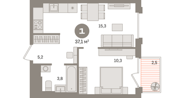 1-к. квартира, 37 м²