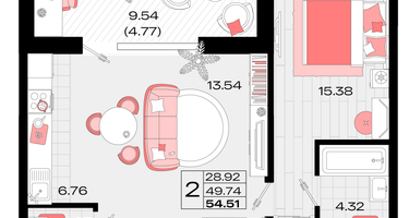 2-к. квартира, 54&nbsp;м²