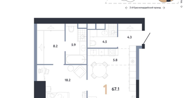 1-к. квартира, 67 м²